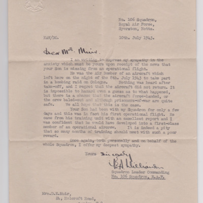 Letter from Squadron Leader W A Williamson